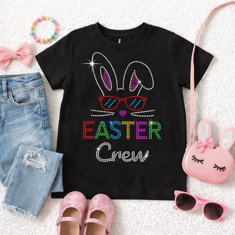 Girls “Easter Crew” Rhinestone Bunny Shirt – Sparkle Black Easter Tee